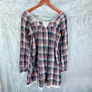 Plaid Lace Trim Tunic Dress Square Neck Long Sleeve Size Small with pockets